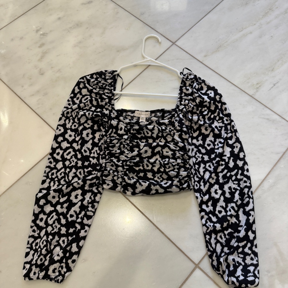 Topshop Monochrome Patterned Ruched Blouse